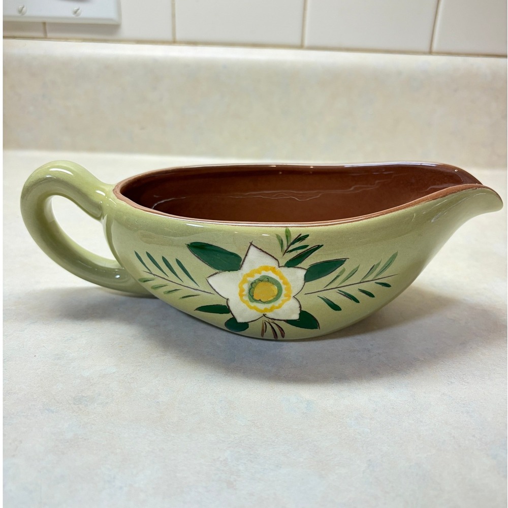 Vintage Stangl Pottery Star Flower Gravy Boat Green Brown USA Mid‎ Century